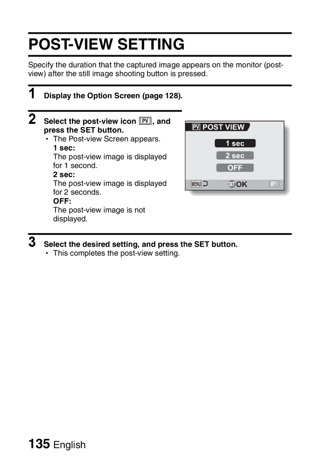 Sanyo VPC-H2GX, VPC-HD2EX instruction manual POST-VIEW Setting, Sec, Post View 