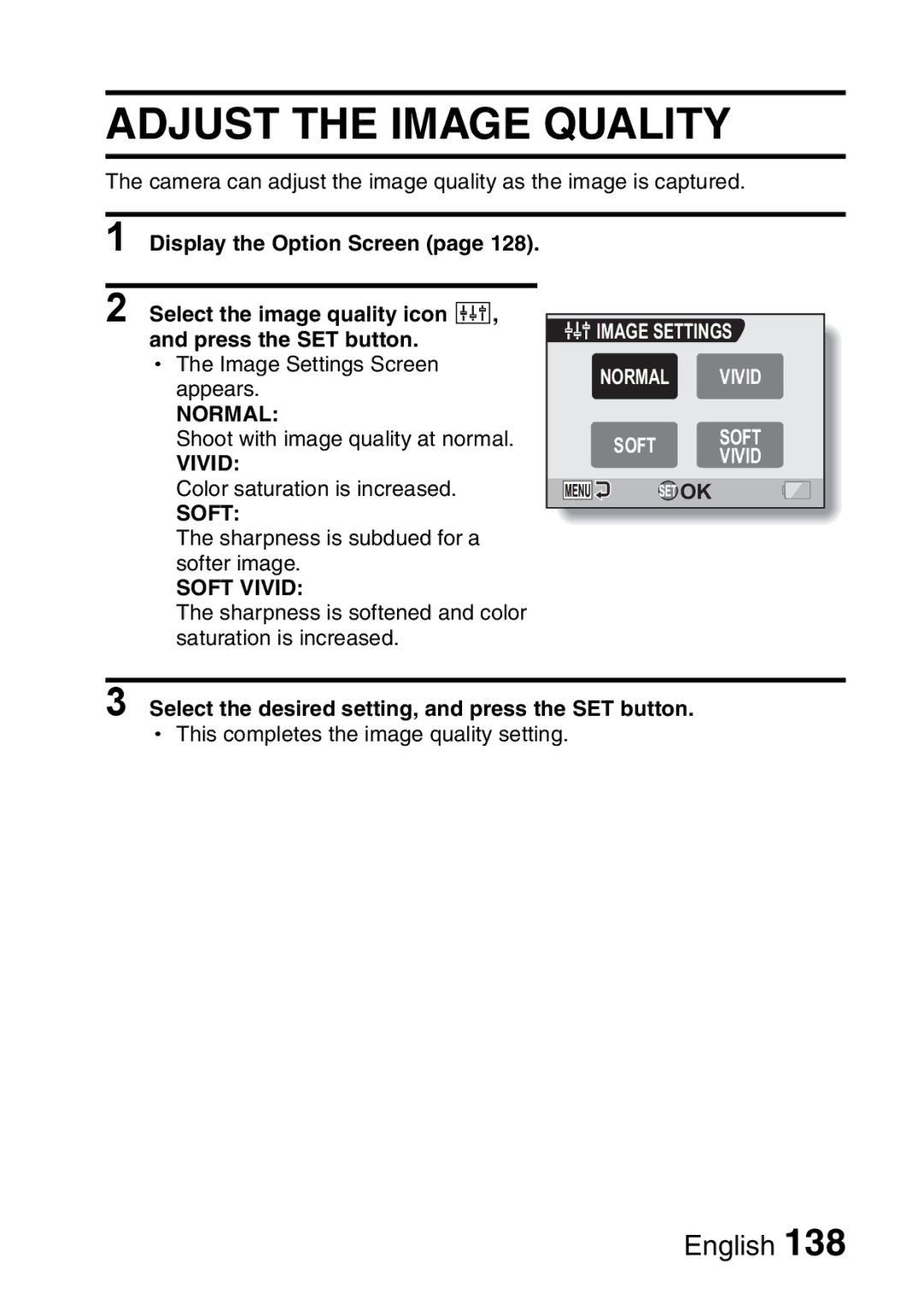 Sanyo VPC-H2GX, VPC-HD2EX instruction manual Adjust the Image Quality, Image Settings Normal Vivid Soft Soft 