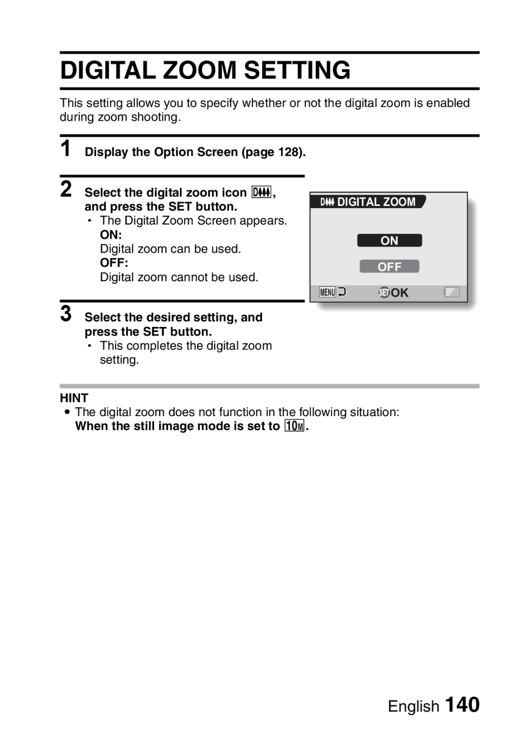 Sanyo VPC-HD2EX, VPC-H2GX instruction manual Digital Zoom Setting 
