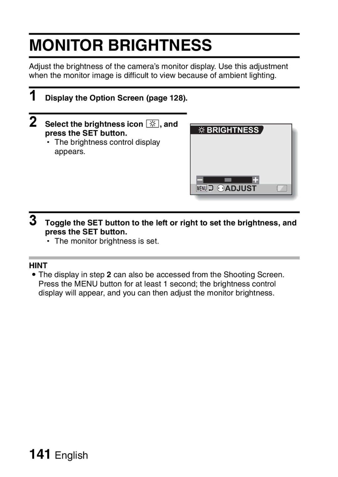 Sanyo VPC-H2GX, VPC-HD2EX instruction manual Monitor Brightness 