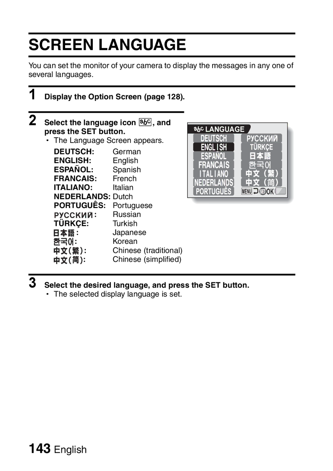 Sanyo VPC-HD2EX, VPC-H2GX instruction manual Screen Language, Select the desired language, and press the SET button 