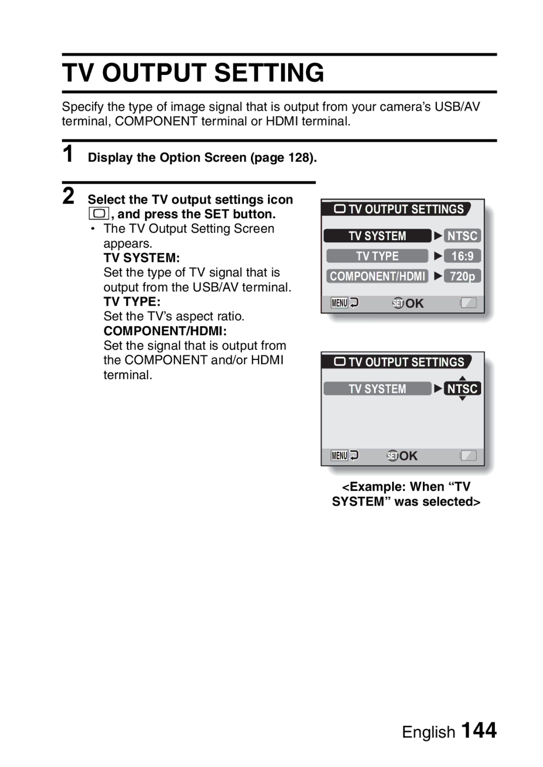 Sanyo VPC-H2GX, VPC-HD2EX instruction manual TV Output Setting, TV System Ntsc 