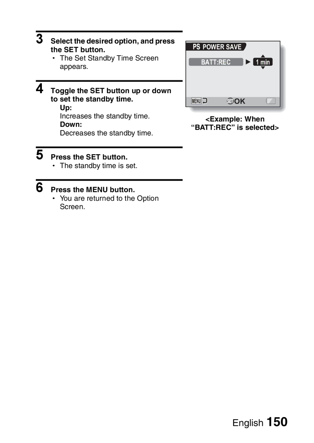 Sanyo VPC-H2GX, VPC-HD2EX Toggle the SET button up or down to set the standby time, Down, Power Save Battrec 