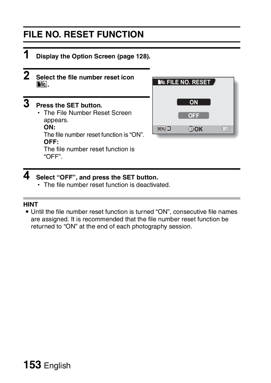 Sanyo VPC-H2GX, VPC-HD2EX instruction manual File NO. Reset Function, Select OFF, and press the SET button 