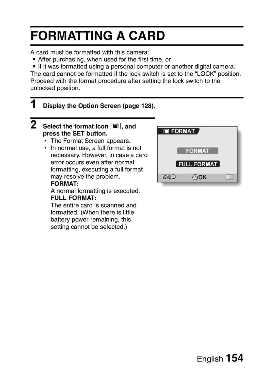 Sanyo VPC-HD2EX, VPC-H2GX instruction manual Formatting a Card, Format Full Format 