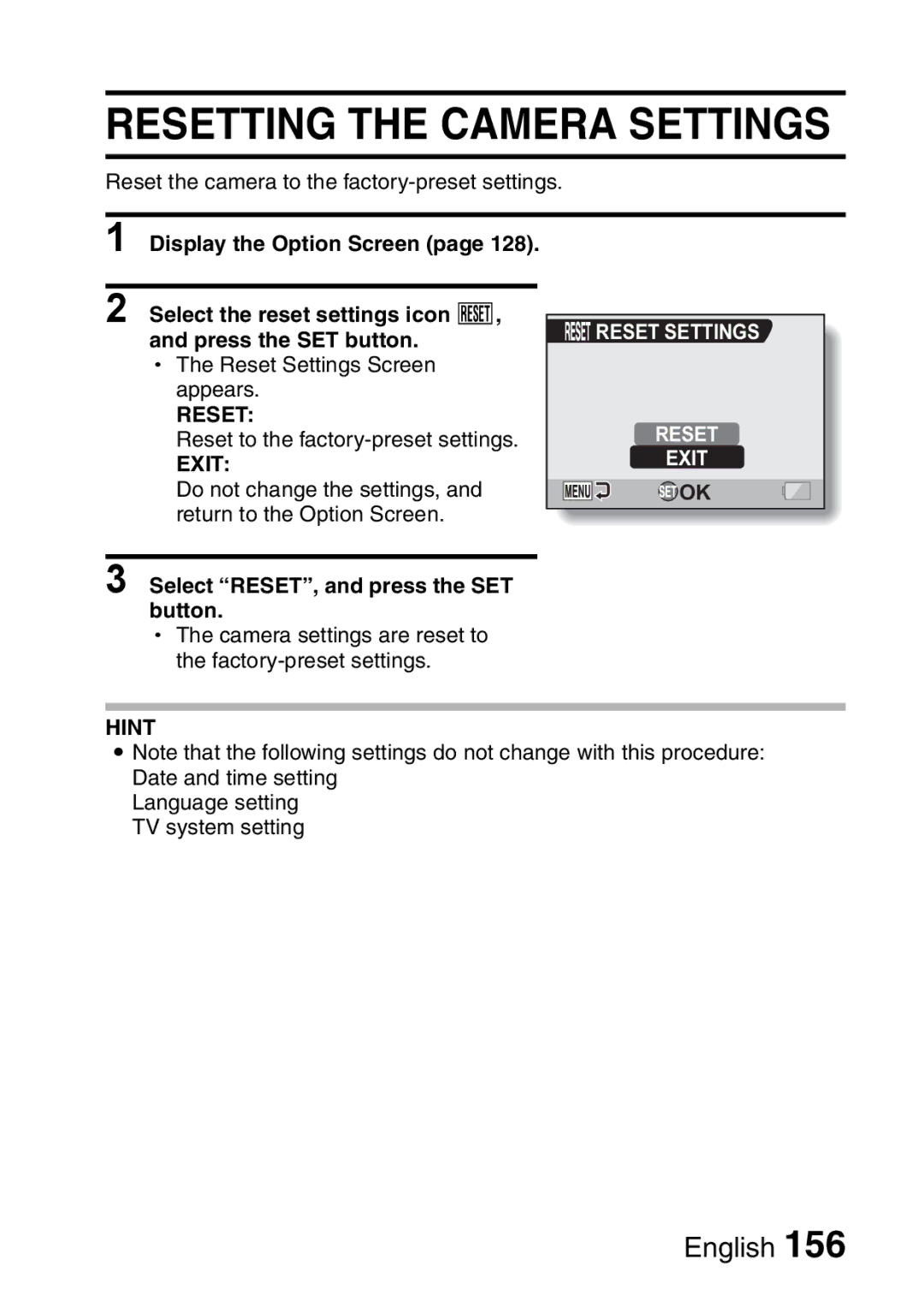 Sanyo VPC-H2GX, VPC-HD2EX instruction manual Resetting the Camera Settings, Select RESET, and press the SET button 