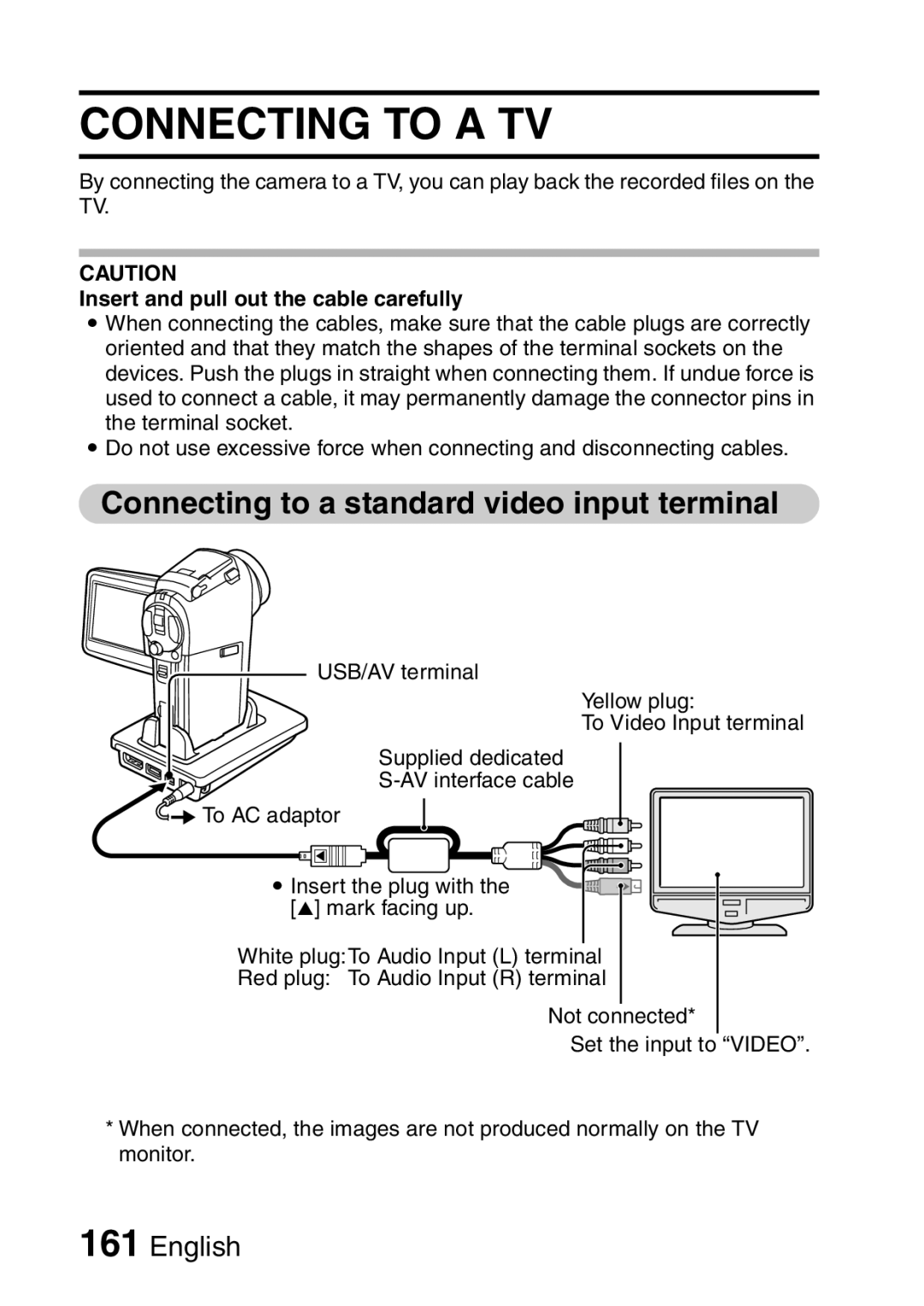 Sanyo VPC-HD2 Connecting to a TV, Connecting to a standard video input terminal, Insert and pull out the cable carefully 
