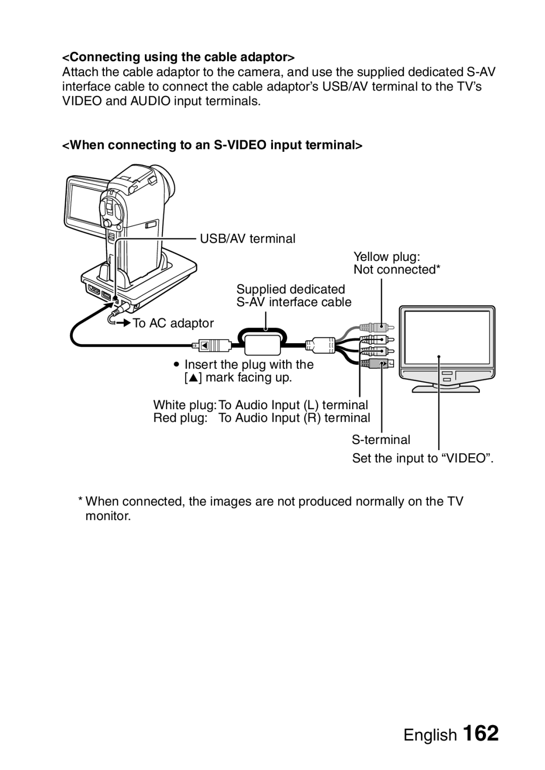 Sanyo VPC-H2GX, VPC-HD2EX Connecting using the cable adaptor, When connecting to an S-VIDEO input terminal 