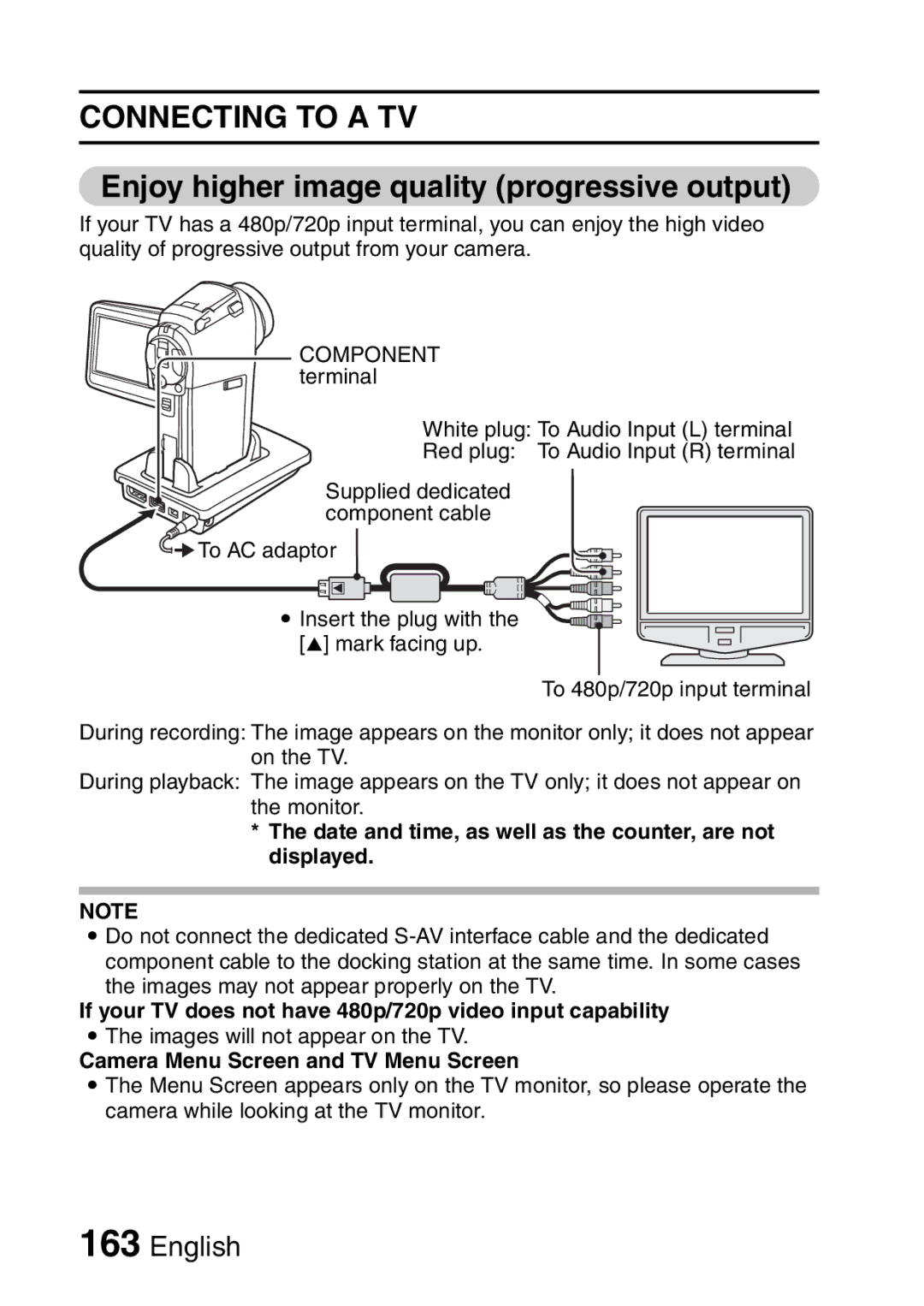 Sanyo VPC-HD2EX Connecting to a TV, Enjoy higher image quality progressive output, Camera Menu Screen and TV Menu Screen 