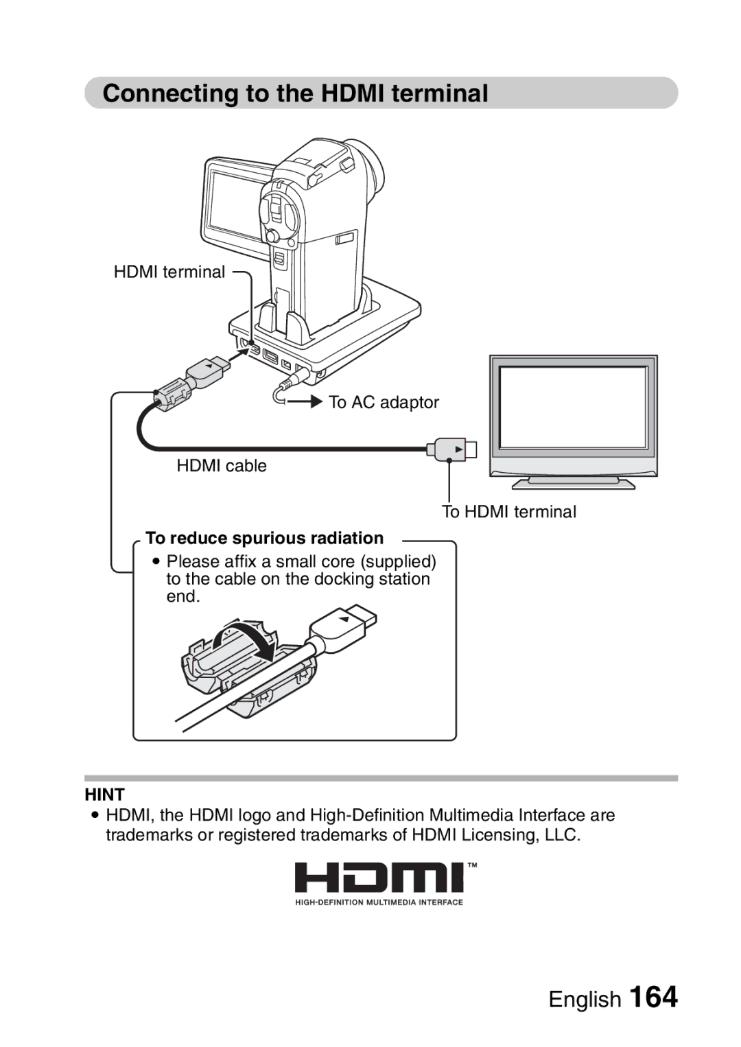 Sanyo VPC-HD2EX, VPC-H2GX instruction manual Connecting to the Hdmi terminal, To reduce spurious radiation 