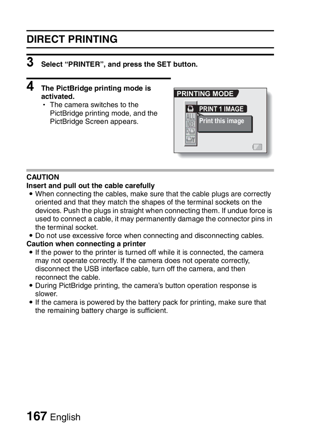 Sanyo VPC-HD2EX, VPC-H2GX instruction manual Direct Printing, Printing Mode Print 1 Image 