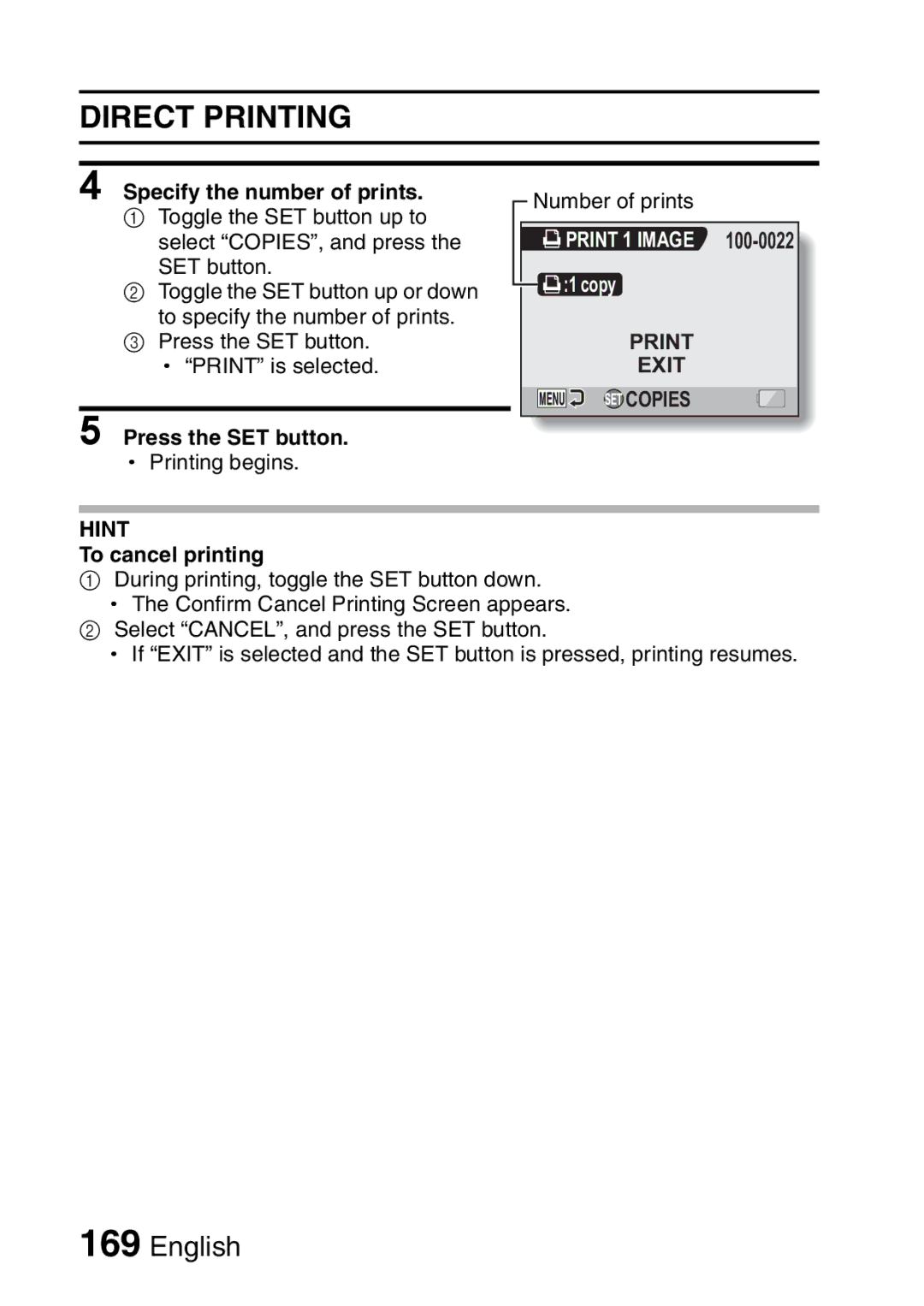 Sanyo VPC-HD2EX, VPC-H2GX instruction manual Specify the number of prints, To cancel printing 