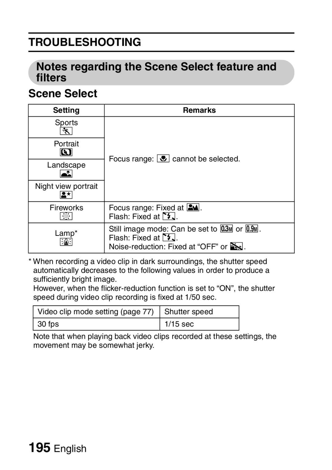 Sanyo VPC-H2GX, VPC-HD2EX instruction manual Scene Select, Setting Remarks 