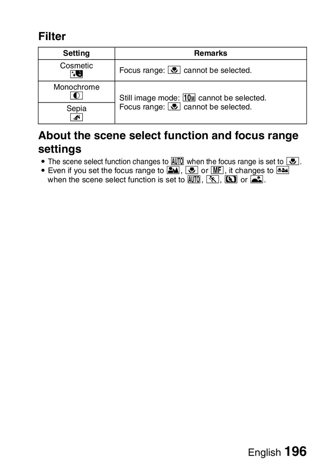 Sanyo VPC-HD2EX, VPC-H2GX instruction manual Filter, About the scene select function and focus range settings 