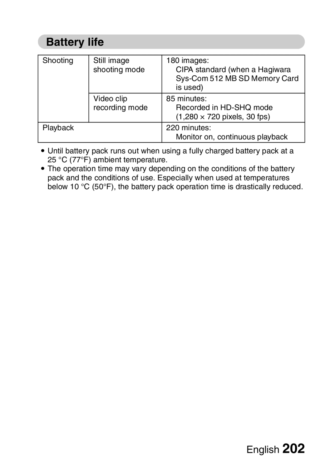 Sanyo VPC-HD2EX, VPC-H2GX instruction manual Battery life 