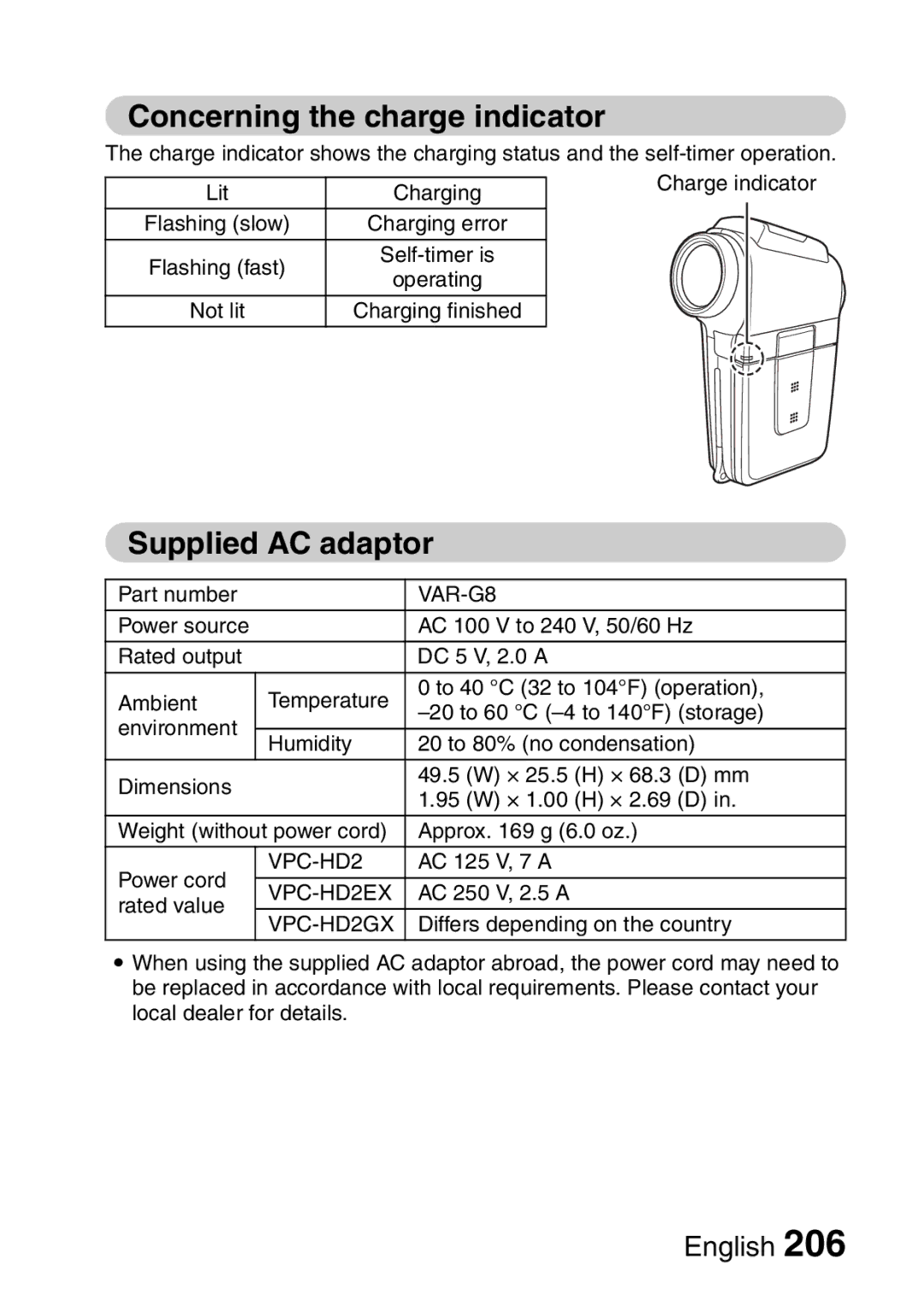 Sanyo VPC-HD2EX, VPC-H2GX instruction manual Concerning the charge indicator, Supplied AC adaptor 