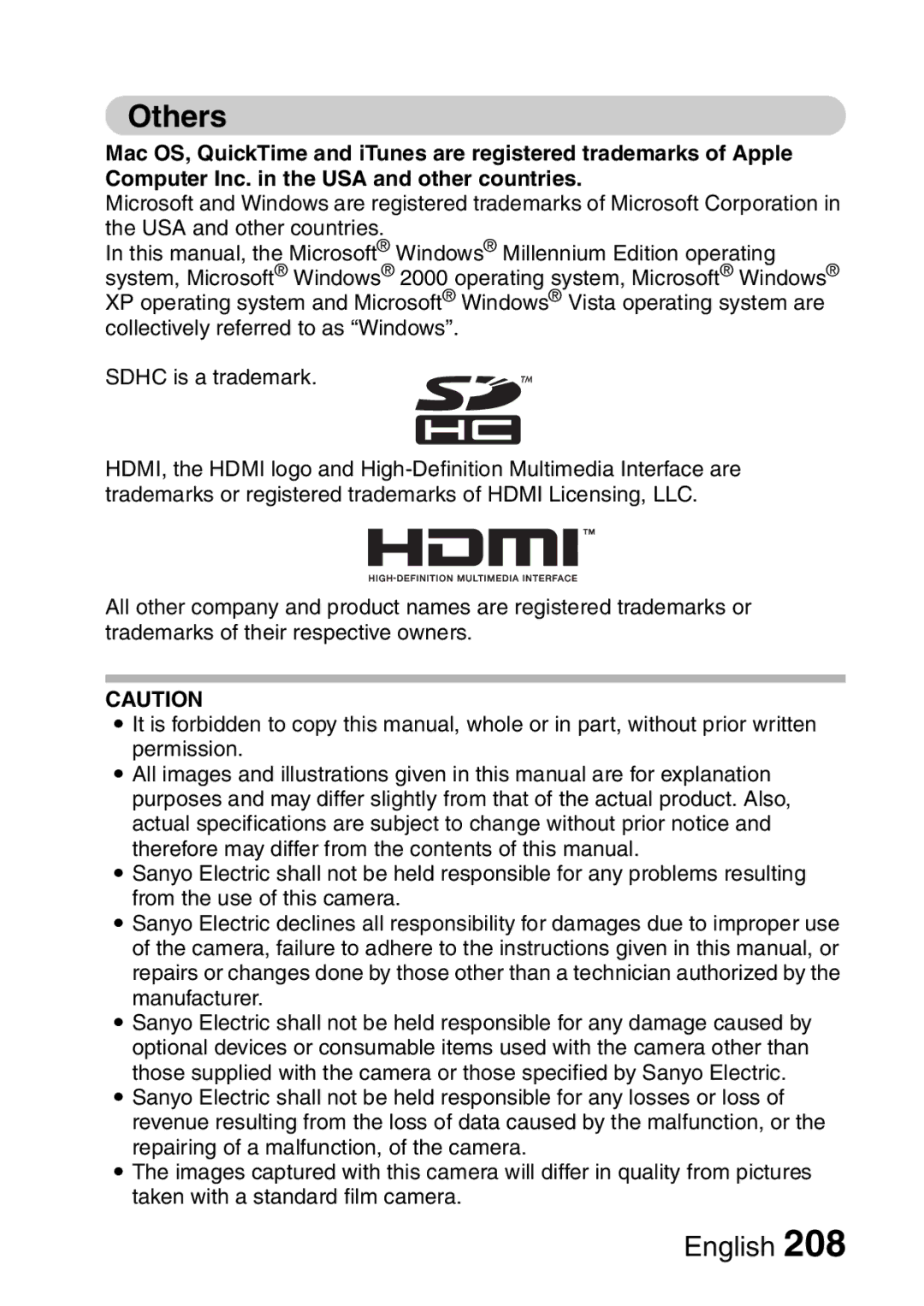 Sanyo VPC-HD2EX, VPC-H2GX instruction manual Others 