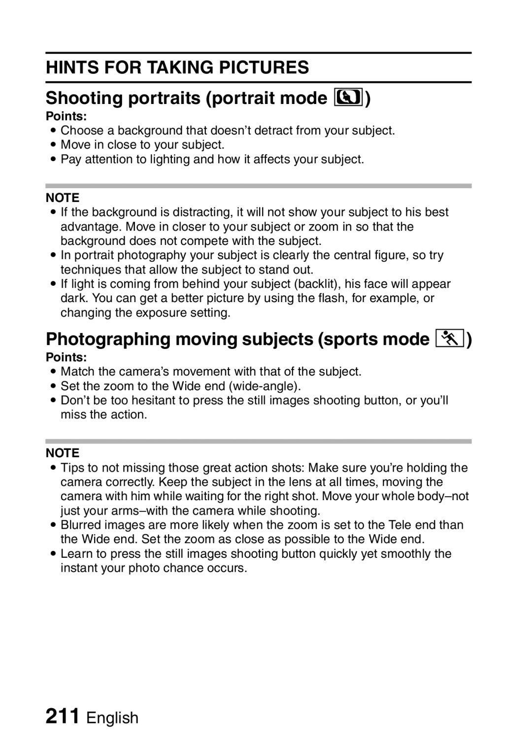 Sanyo VPC-HD2EX Hints for Taking Pictures, Shooting portraits portrait mode, Photographing moving subjects sports mode a 