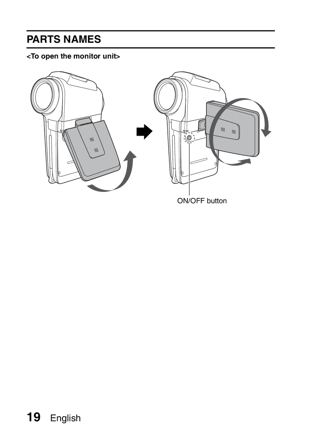 Sanyo VPC-HD2EX, VPC-H2GX instruction manual Parts Names, To open the monitor unit 