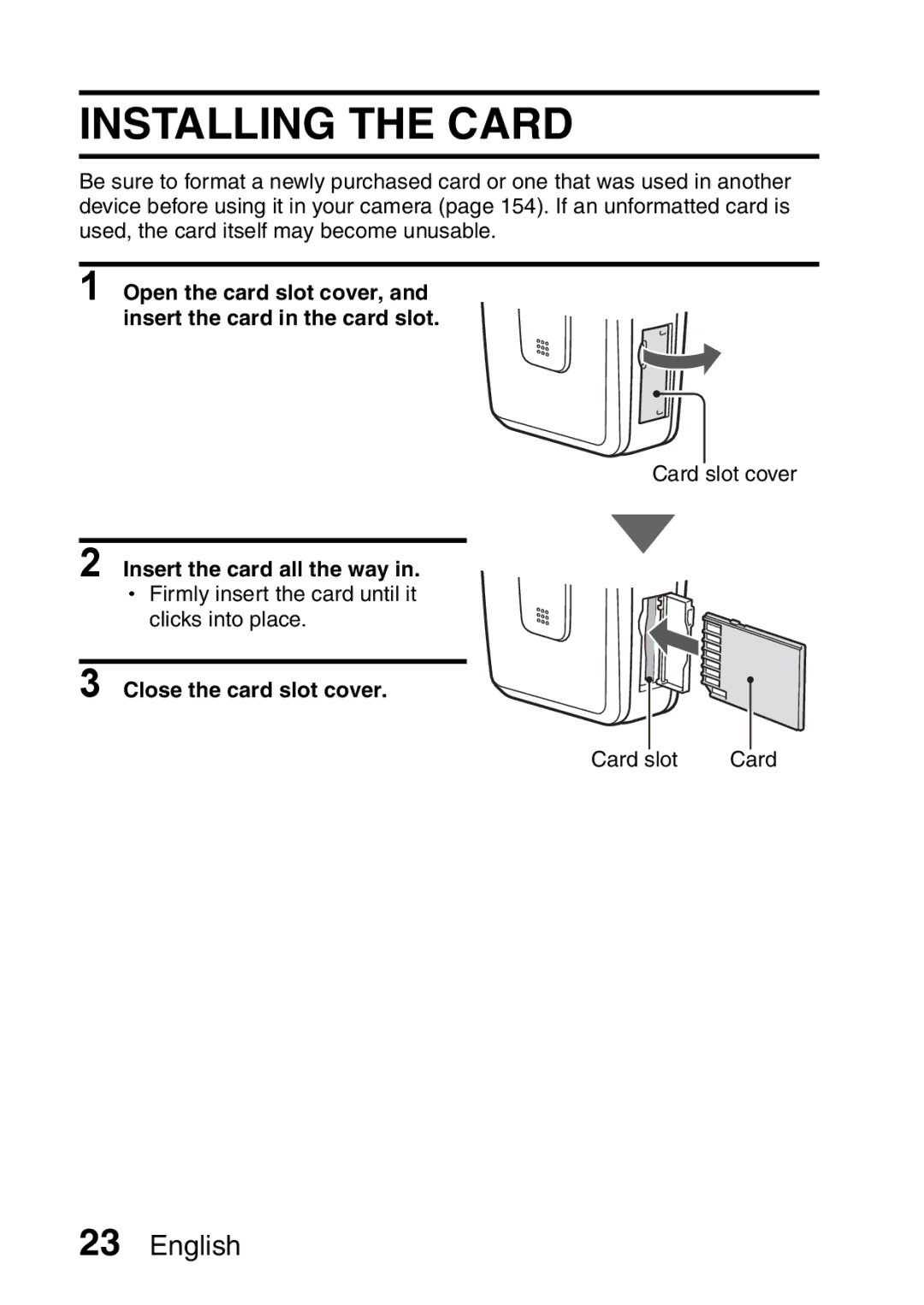 Sanyo VPC-HD2EX, VPC-H2GX instruction manual Installing the Card, Insert the card all the way, Close the card slot cover 