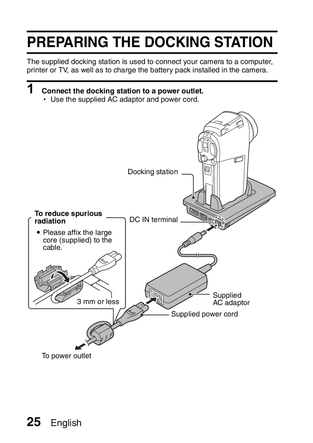 Sanyo VPC-HD2EX Preparing the Docking Station, Connect the docking station to a power outlet, To reduce spurious radiation 