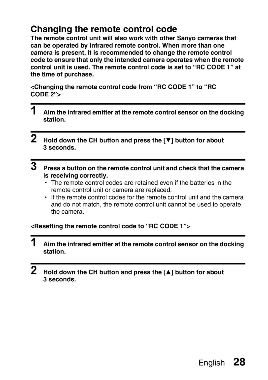 Sanyo VPC-HD2EX, VPC-H2GX instruction manual Changing the remote control code 