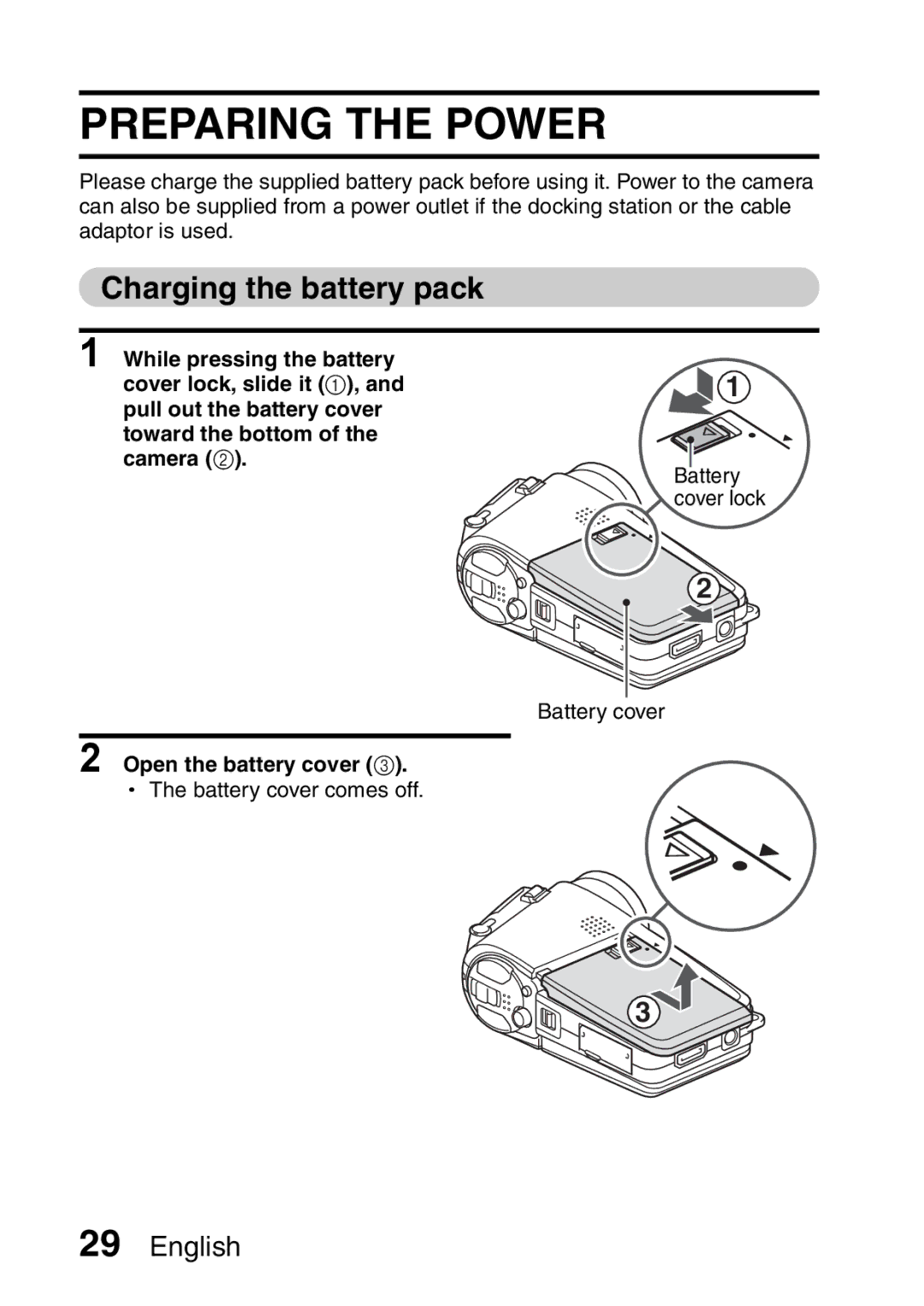 Sanyo VPC-HD2EX, VPC-H2GX instruction manual Preparing the Power, Charging the battery pack, Open the battery cover 