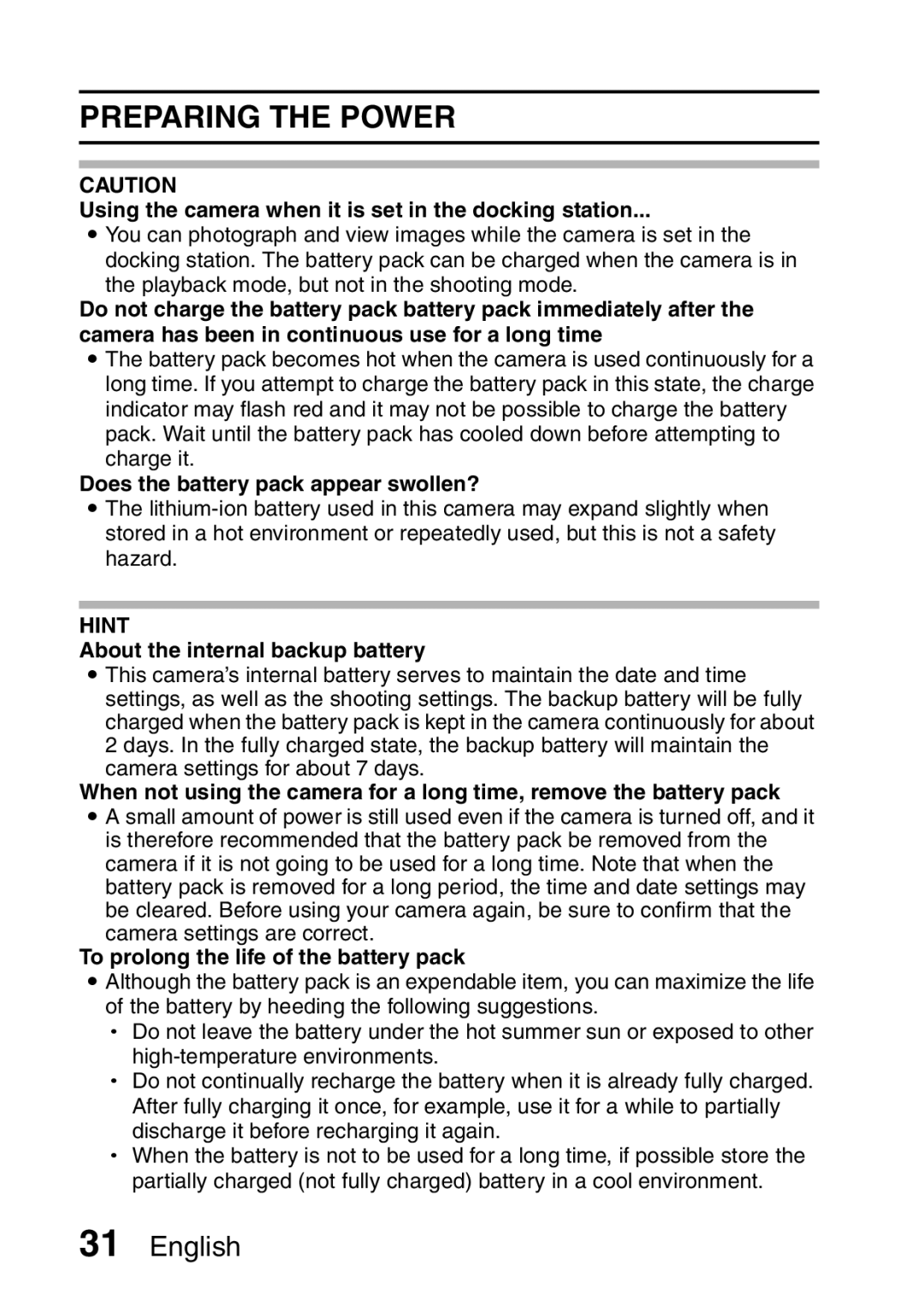 Sanyo VPC-HD2EX, VPC-H2GX instruction manual Preparing the Power, Using the camera when it is set in the docking station 