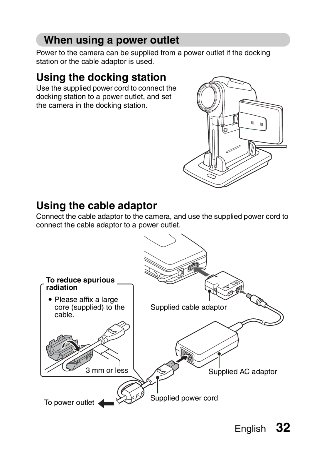 Sanyo VPC-HD2EX, VPC-H2GX When using a power outlet, Using the docking station, Using the cable adaptor 