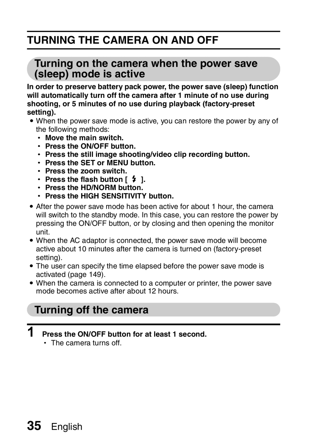 Sanyo VPC-HD2EX, VPC-H2GX instruction manual Turning the Camera on and OFF, Turning off the camera 