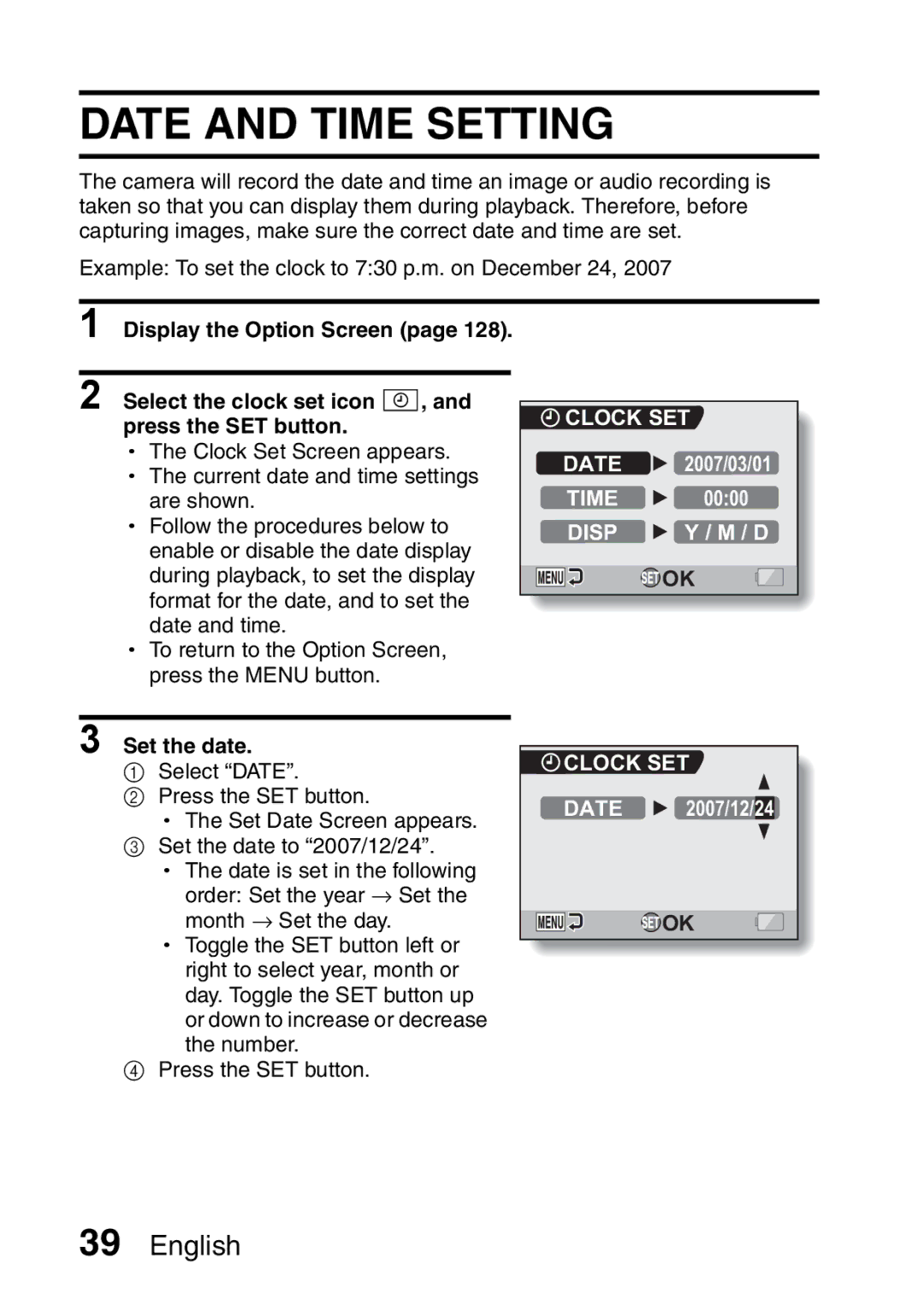 Sanyo VPC-H2GX, VPC-HD2EX instruction manual Date and Time Setting, Clock SET Date, Disp 