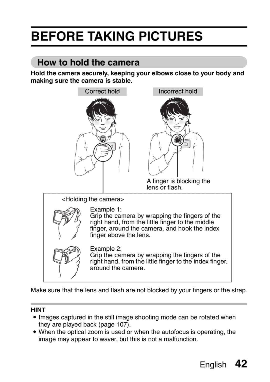 Sanyo VPC-H2GX, VPC-HD2EX instruction manual Before Taking Pictures, How to hold the camera 