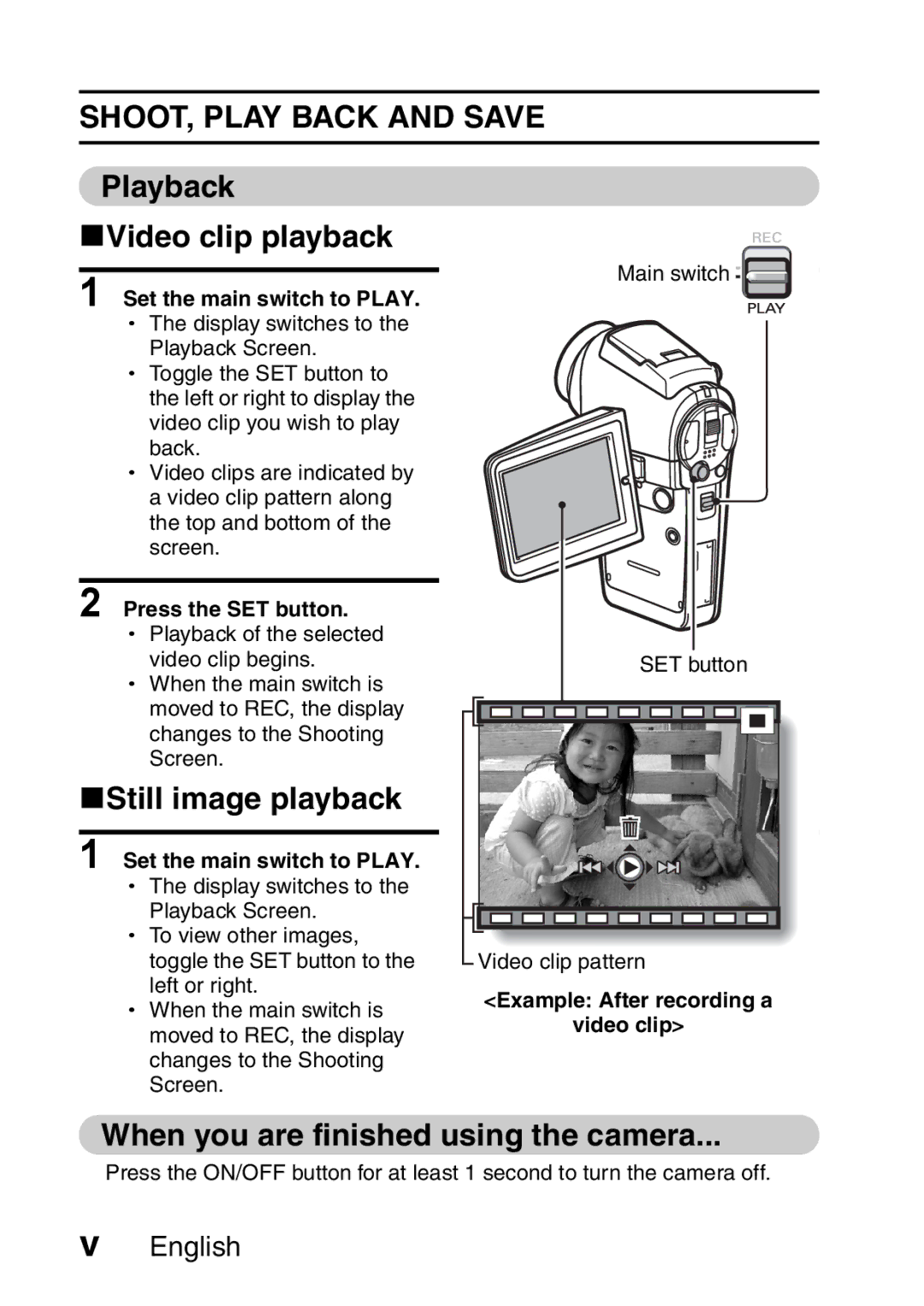 Sanyo VPC-HD2EX, VPC-H2GX instruction manual SHOOT, Play Back and Save, Playback KVideo clip playback, KStill image playback 