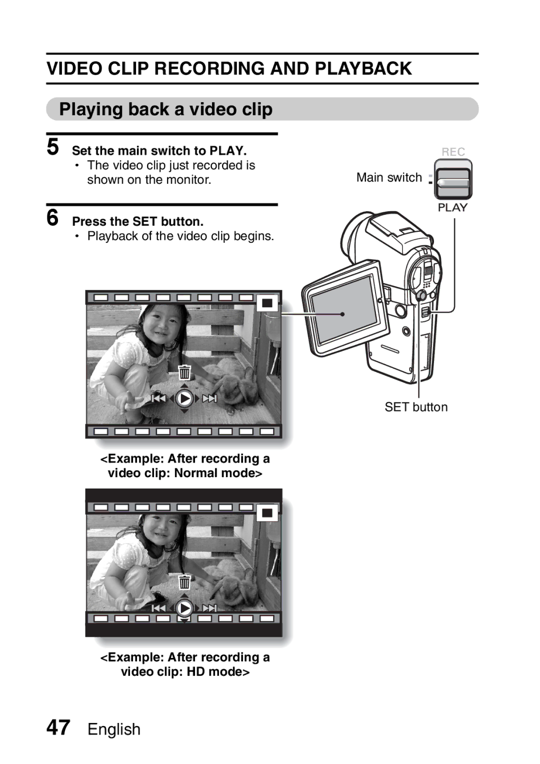 Sanyo VPC-HD2EX, VPC-H2GX instruction manual Video Clip Recording and Playback, Playing back a video clip 