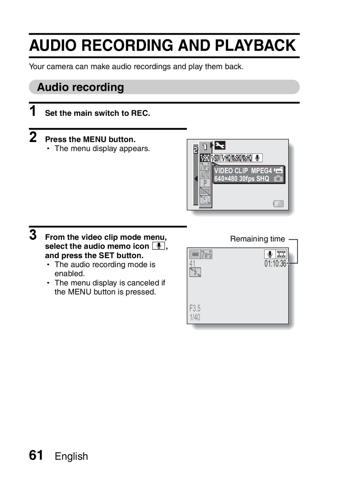 Sanyo VPC-HD2EX, VPC-H2GX Audio Recording and Playback, Audio recording, Set the main switch to REC Press the Menu button 