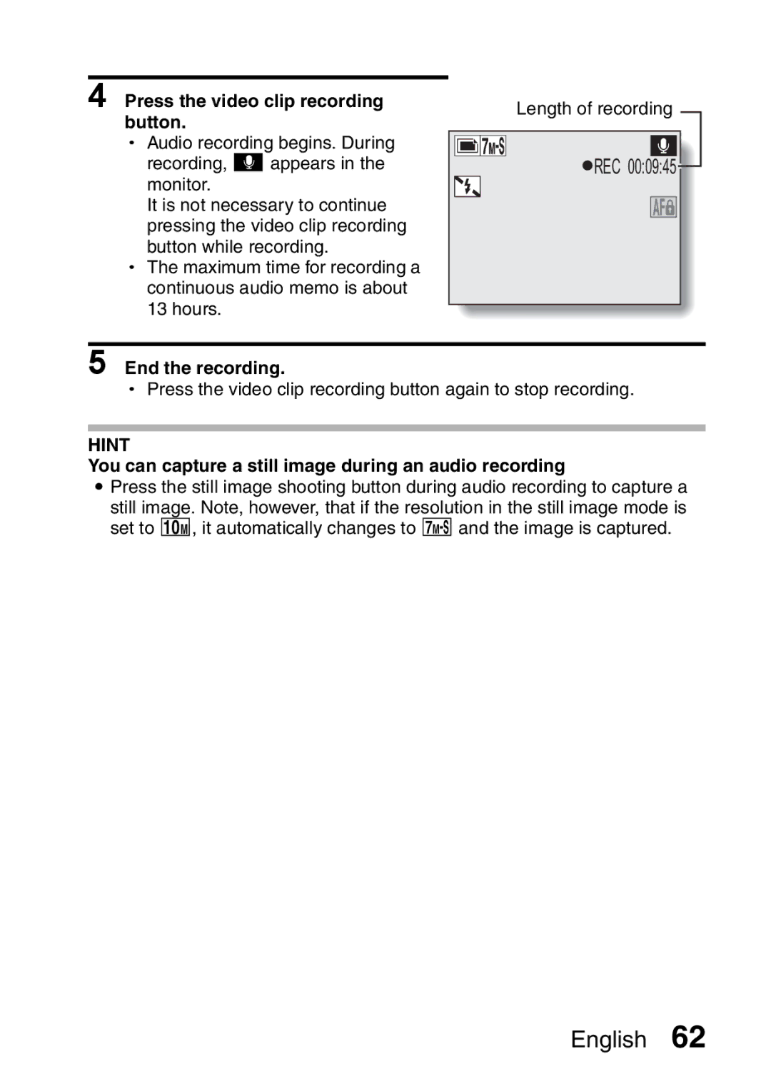 Sanyo VPC-HD2EX, VPC-H2GX instruction manual End the recording, You can capture a still image during an audio recording 