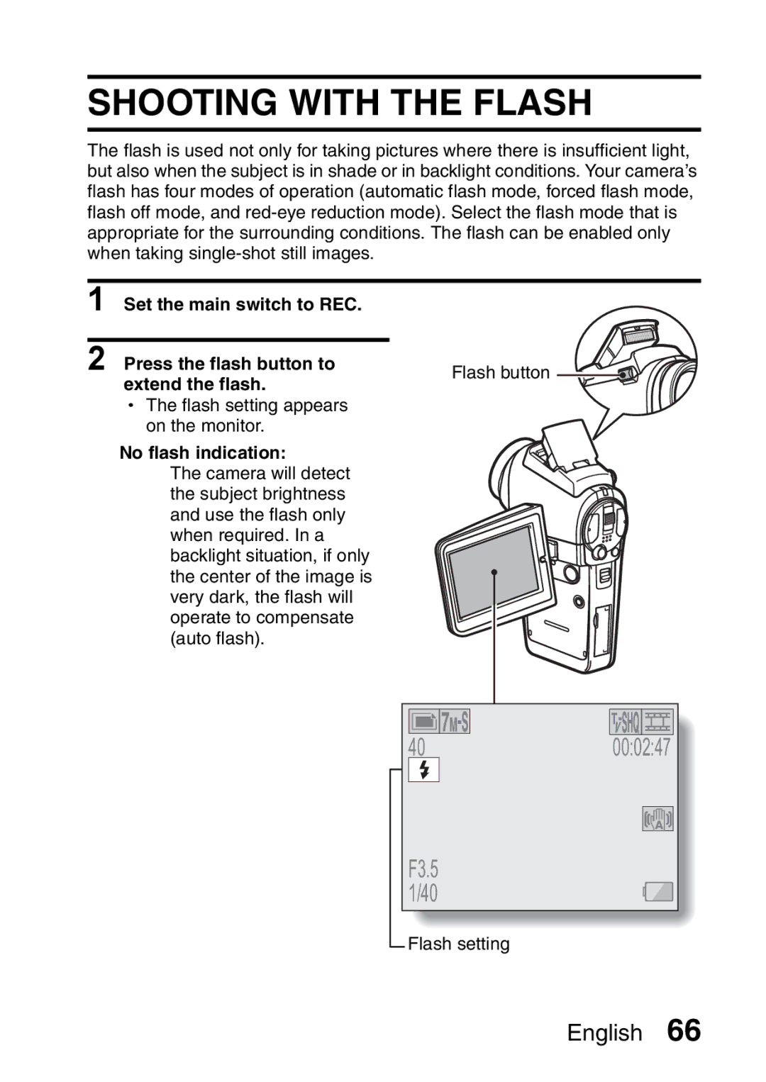 Sanyo VPC-H2GX, VPC-HD2EX instruction manual Shooting with the Flash, No flash indication 