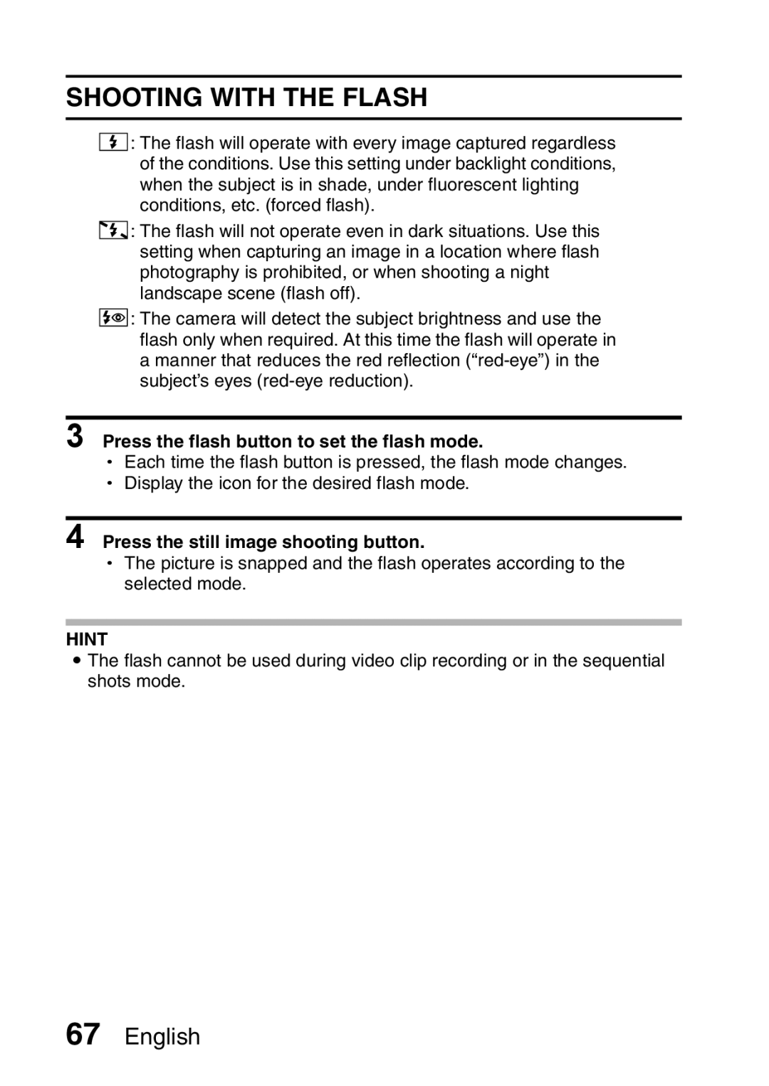 Sanyo VPC-HD2EX, VPC-H2GX instruction manual Shooting with the Flash, Press the flash button to set the flash mode 