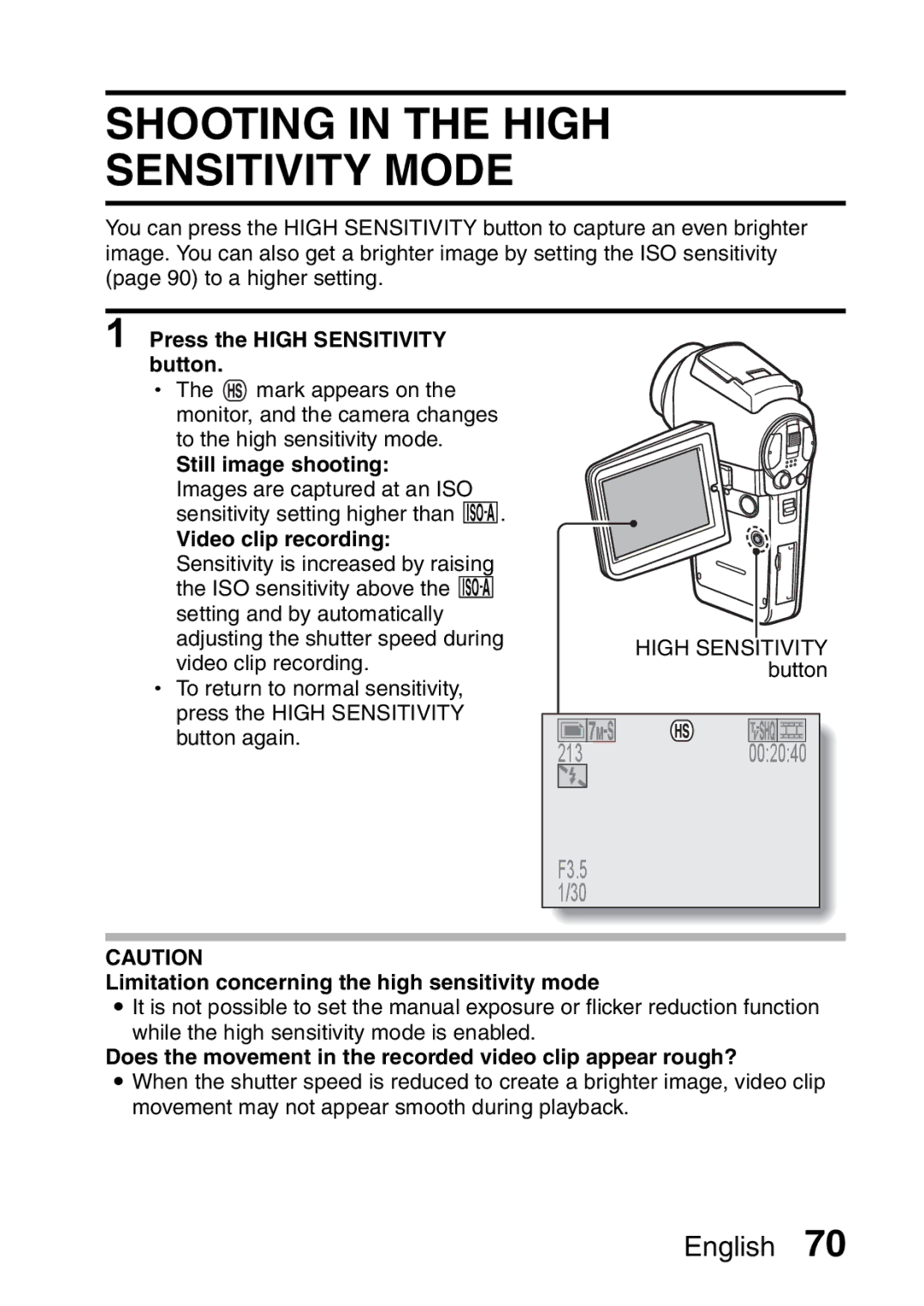 Sanyo VPC-HD2EX, VPC-H2GX instruction manual Shooting in the High Sensitivity Mode, Still image shooting 
