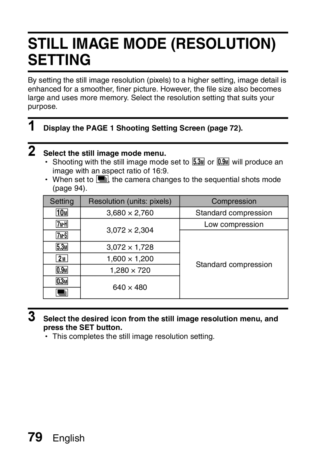 Sanyo VPC-HD2EX, VPC-H2GX instruction manual Still Image Mode Resolution Setting 