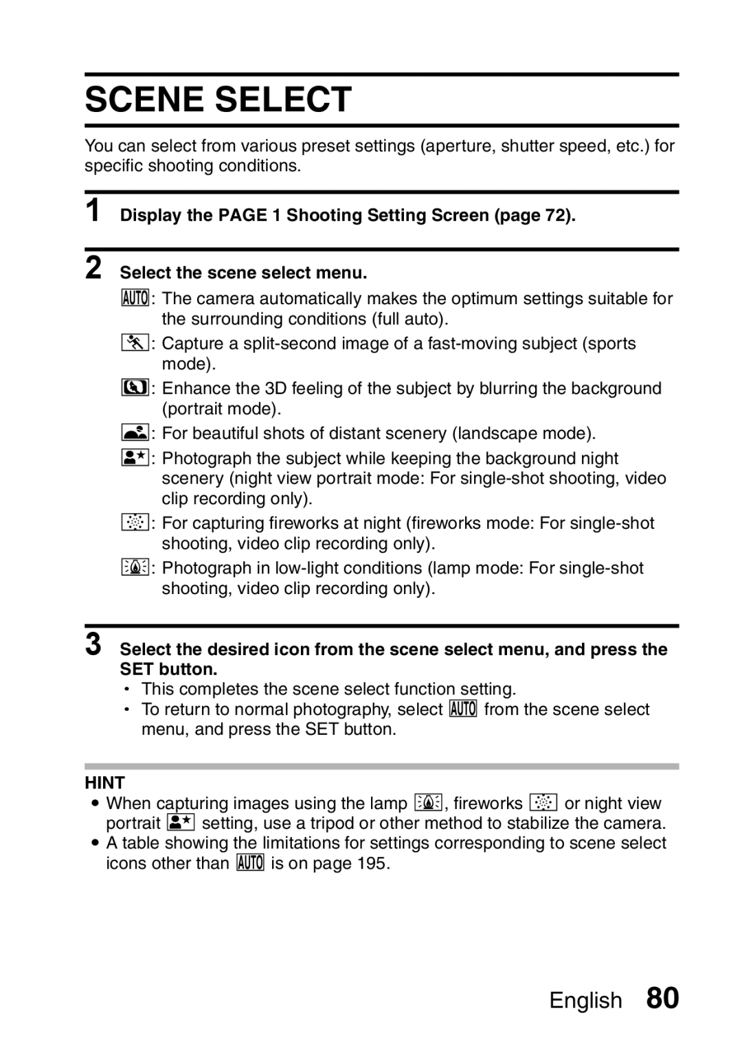 Sanyo VPC-HD2EX, VPC-H2GX instruction manual Scene Select 