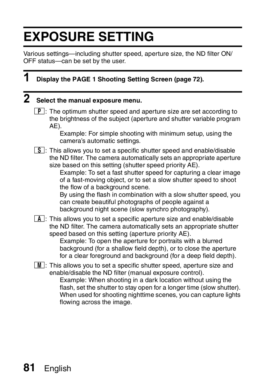 Sanyo VPC-H2GX, VPC-HD2EX instruction manual Exposure Setting 