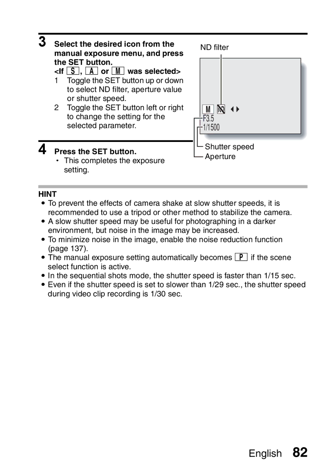 Sanyo VPC-HD2EX, VPC-H2GX instruction manual This completes the exposure setting ND filter 