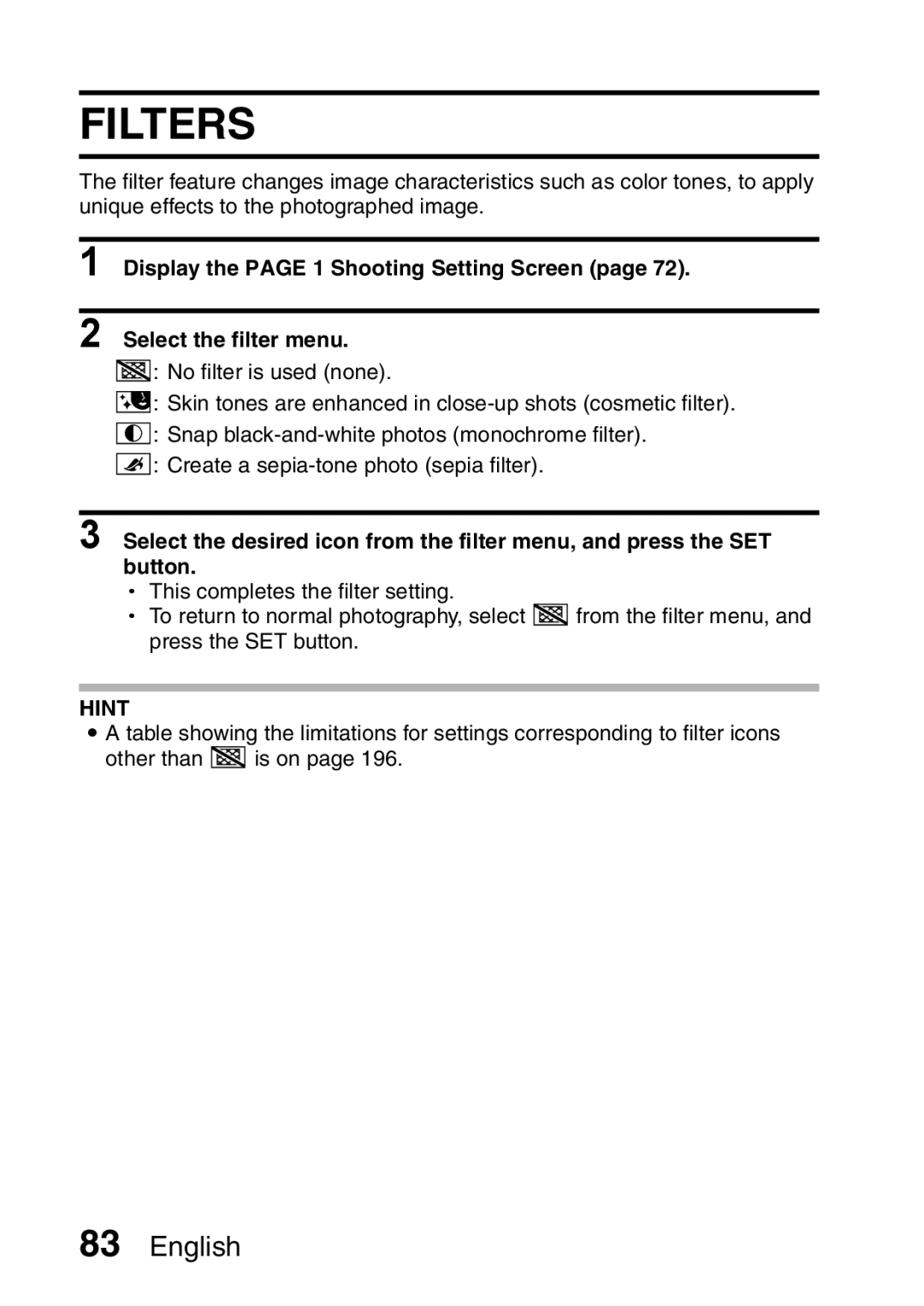 Sanyo VPC-HD2EX, VPC-H2GX instruction manual Filters 