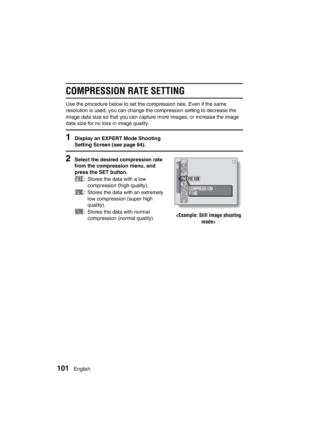 Sanyo VPC-J1EX instruction manual Compression Rate Setting, Fine 