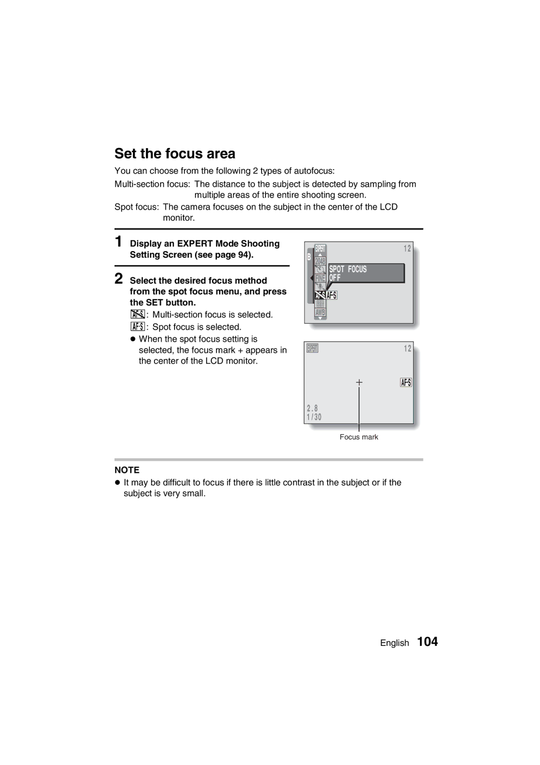 Sanyo VPC-J1EX instruction manual Set the focus area, Spot Focus 