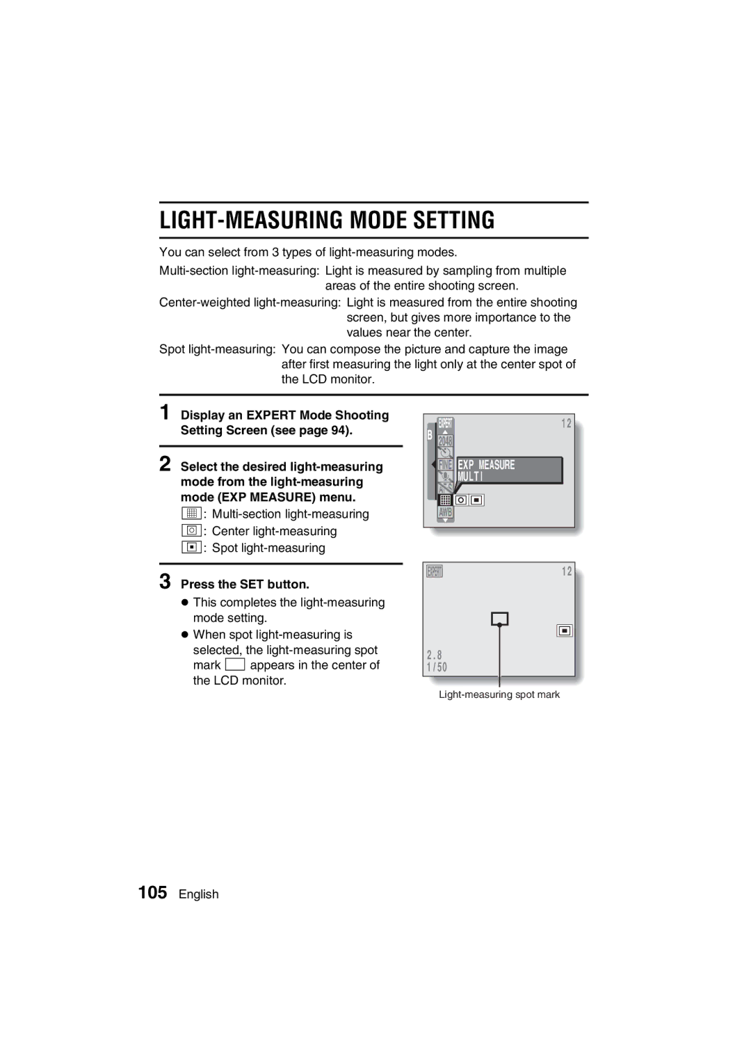 Sanyo VPC-J1EX instruction manual LIGHT-MEASURING Mode Setting, Multi 