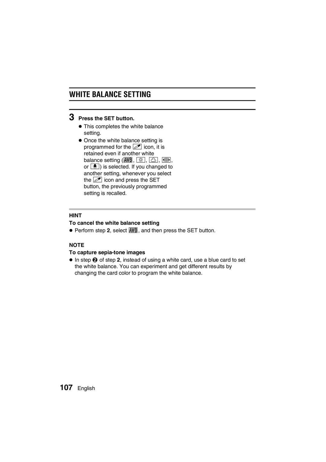 Sanyo VPC-J1EX instruction manual White Balance Setting, To cancel the white balance setting, To capture sepia-tone images 