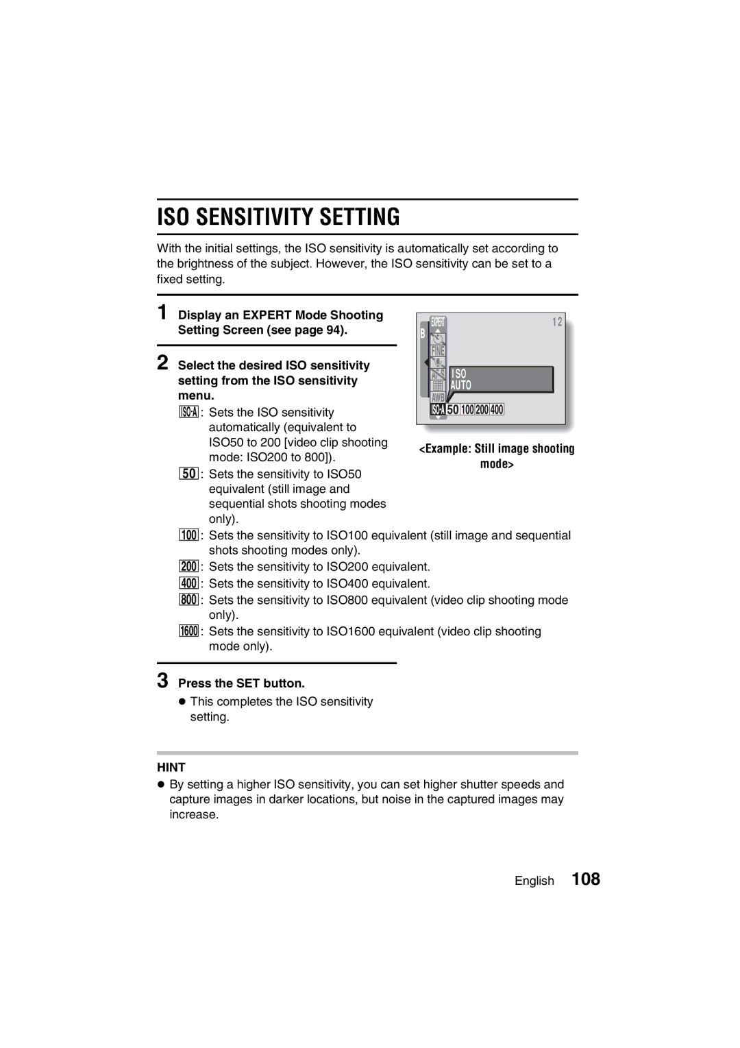 Sanyo VPC-J1EX instruction manual ISO Sensitivity Setting, Iso, Setting from the ISO sensitivity, Menu 