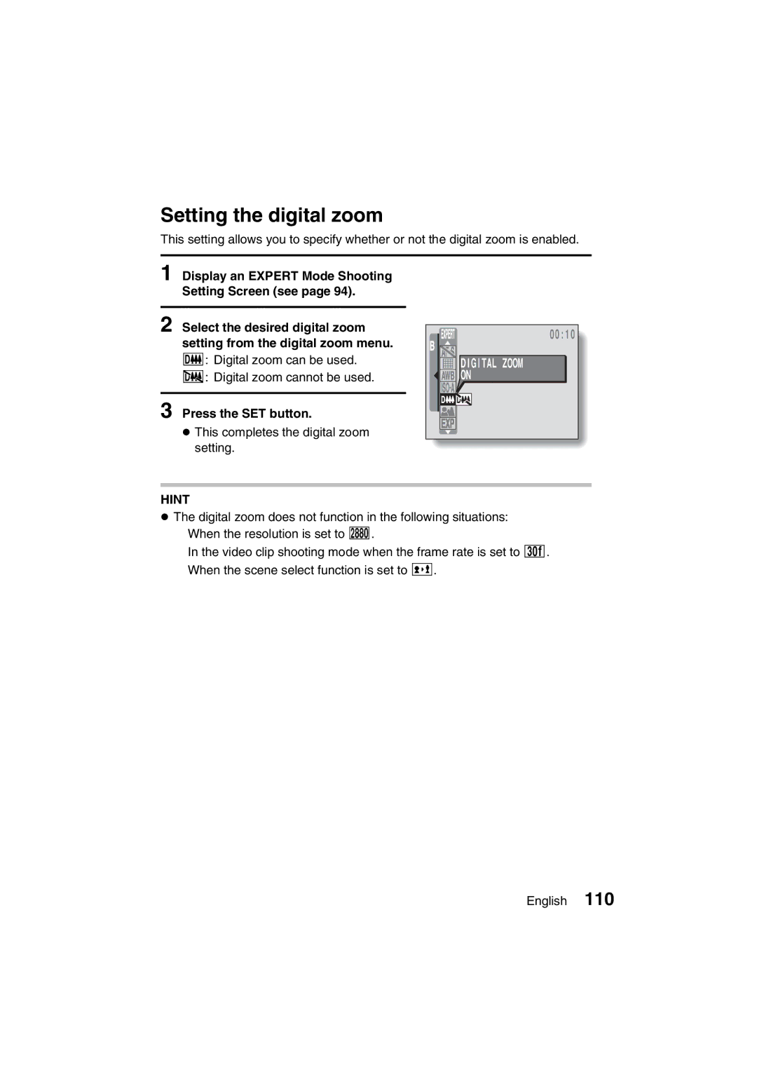 Sanyo VPC-J1EX instruction manual Setting the digital zoom 